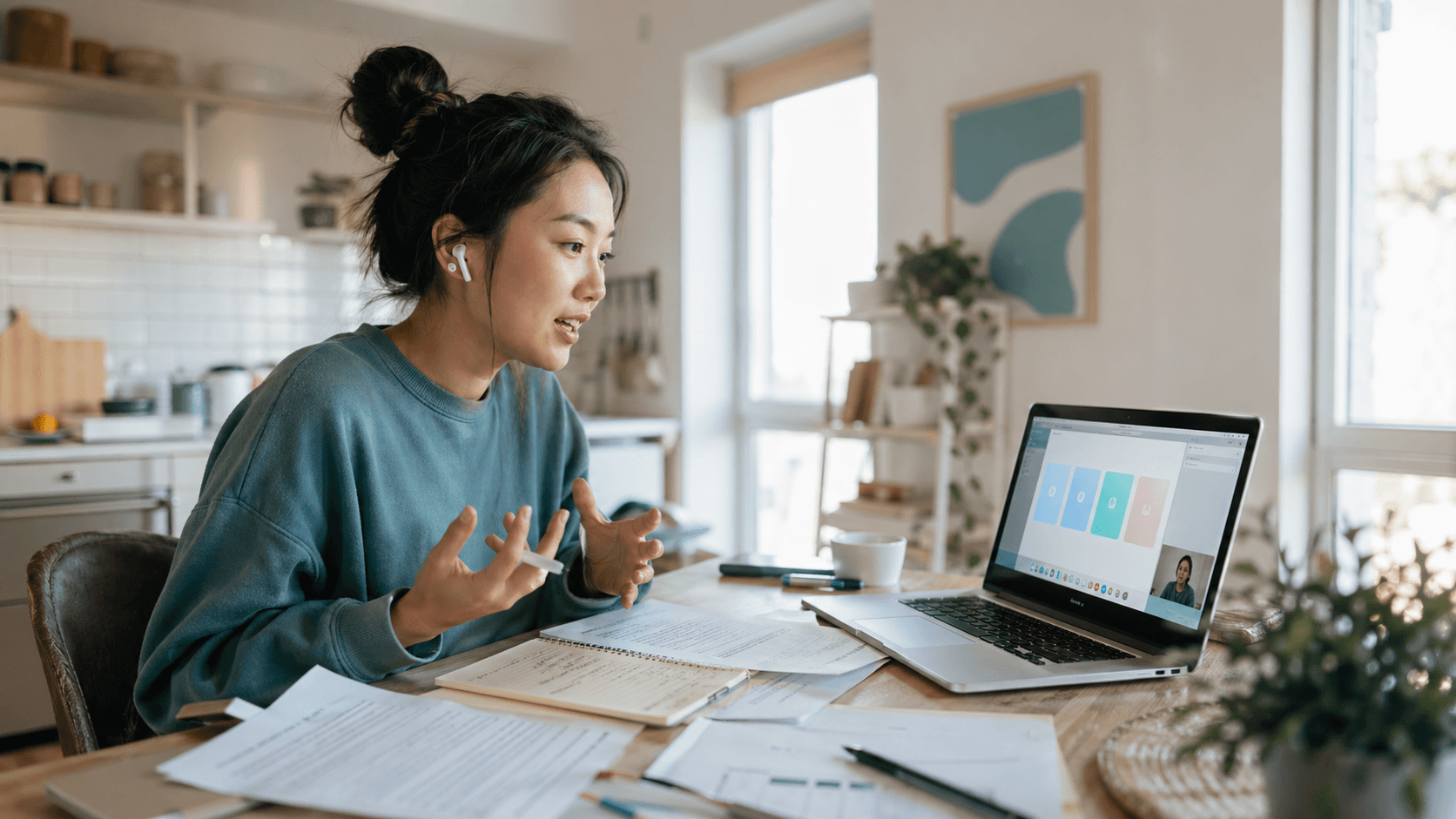 Career switcher practicing common interview prompts before a video interview