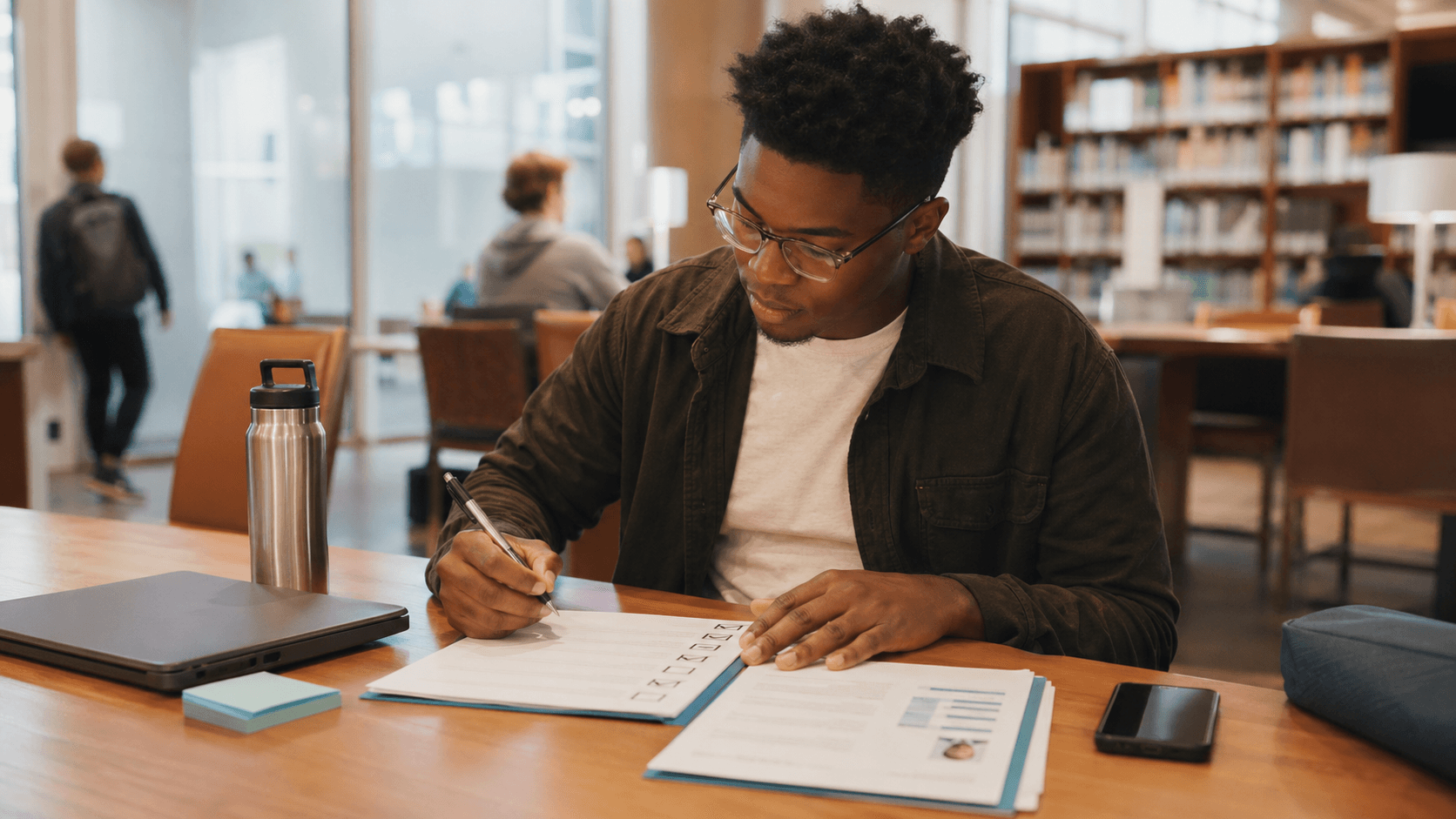 Job seeker reviewing a final checklist before an interview practice session