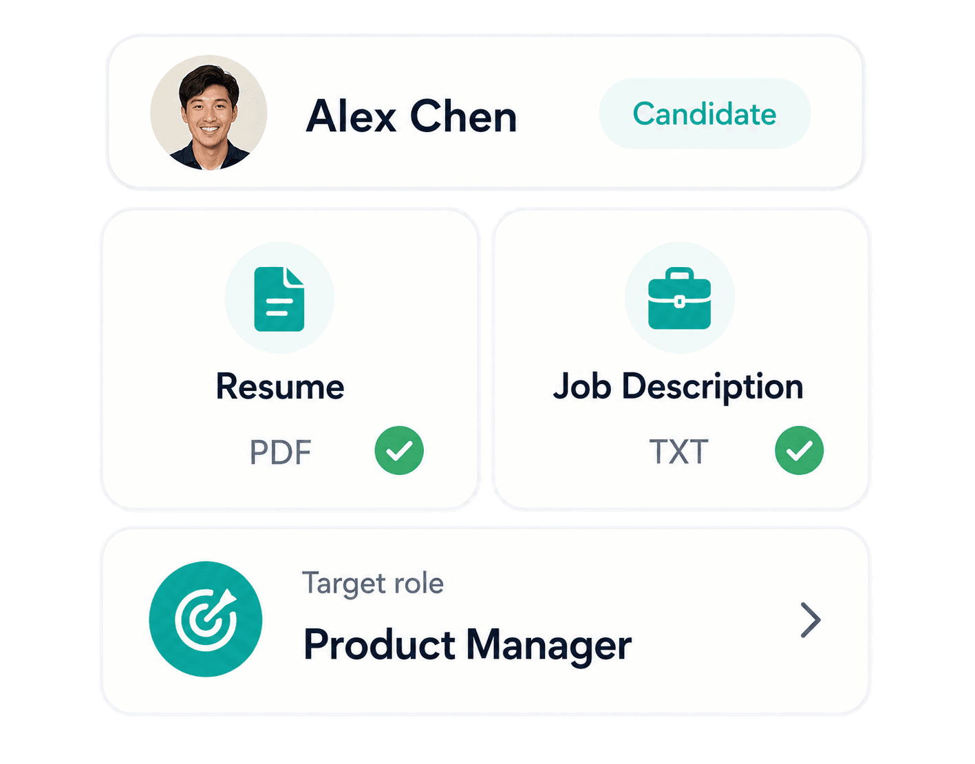 Candidate profile, resume, job description, and target role setup