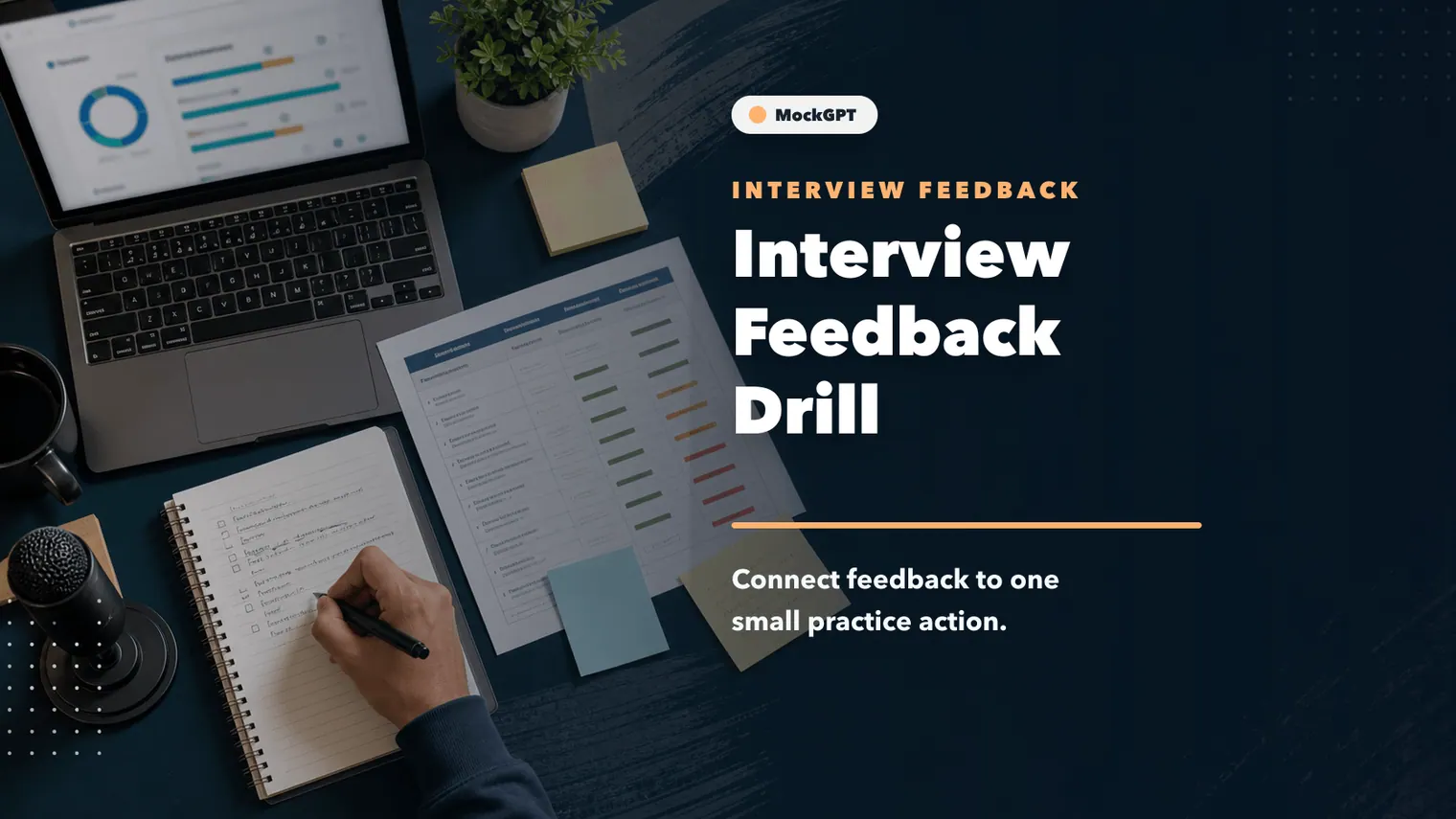 Interview feedback report with scores and a next drill queue for archived practice issues