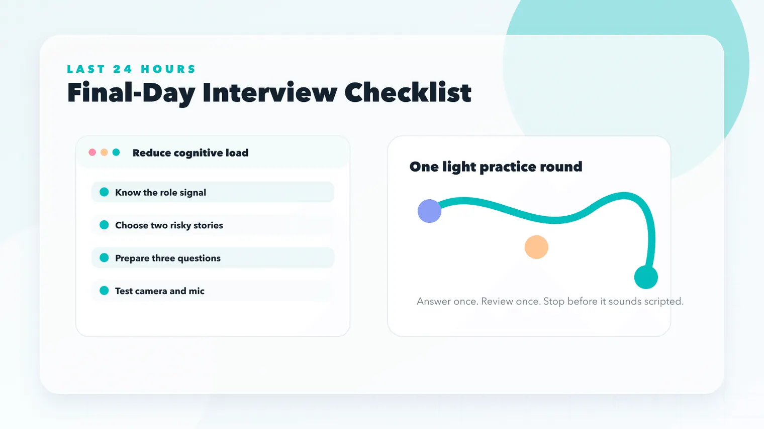 Final day interview checklist showing role signal review story shortlist questions setup test and one light practice round