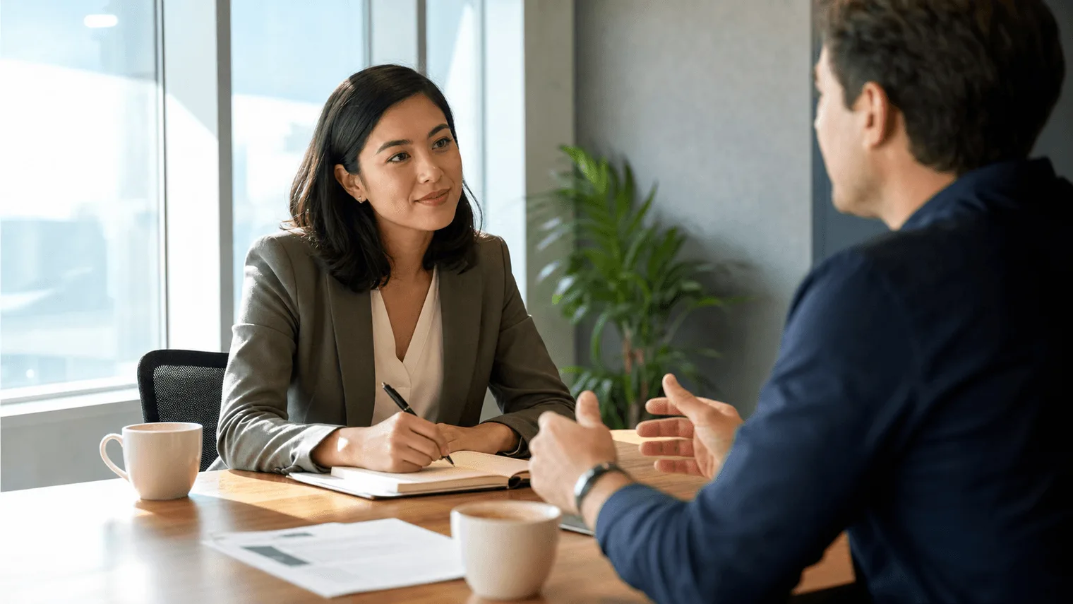 Candidate taking notes while listening to questions to ask interviewer answers during a professional interview