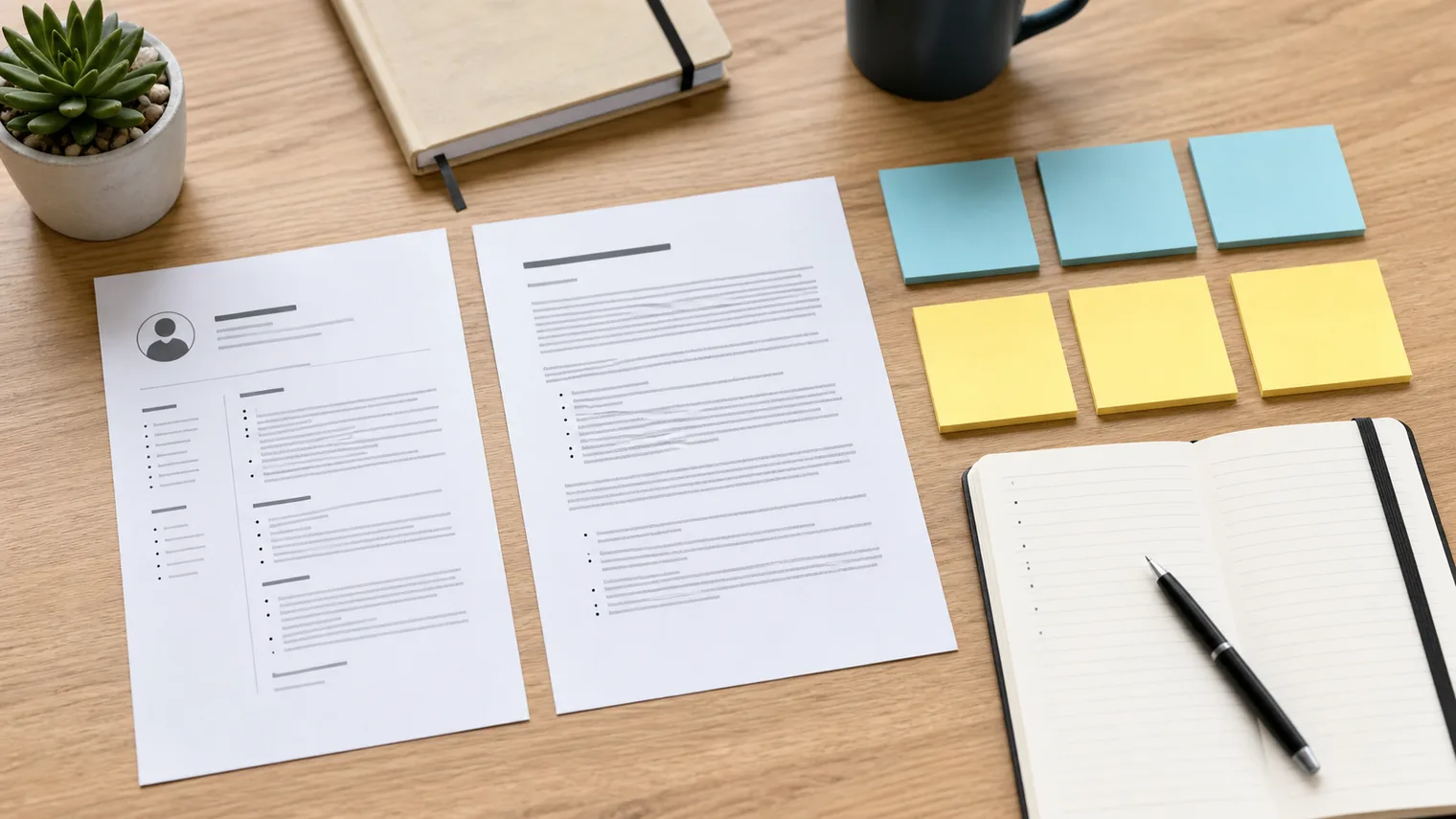 Resume and blank sticky notes for choosing 3 key strengths and 3 areas of improvement