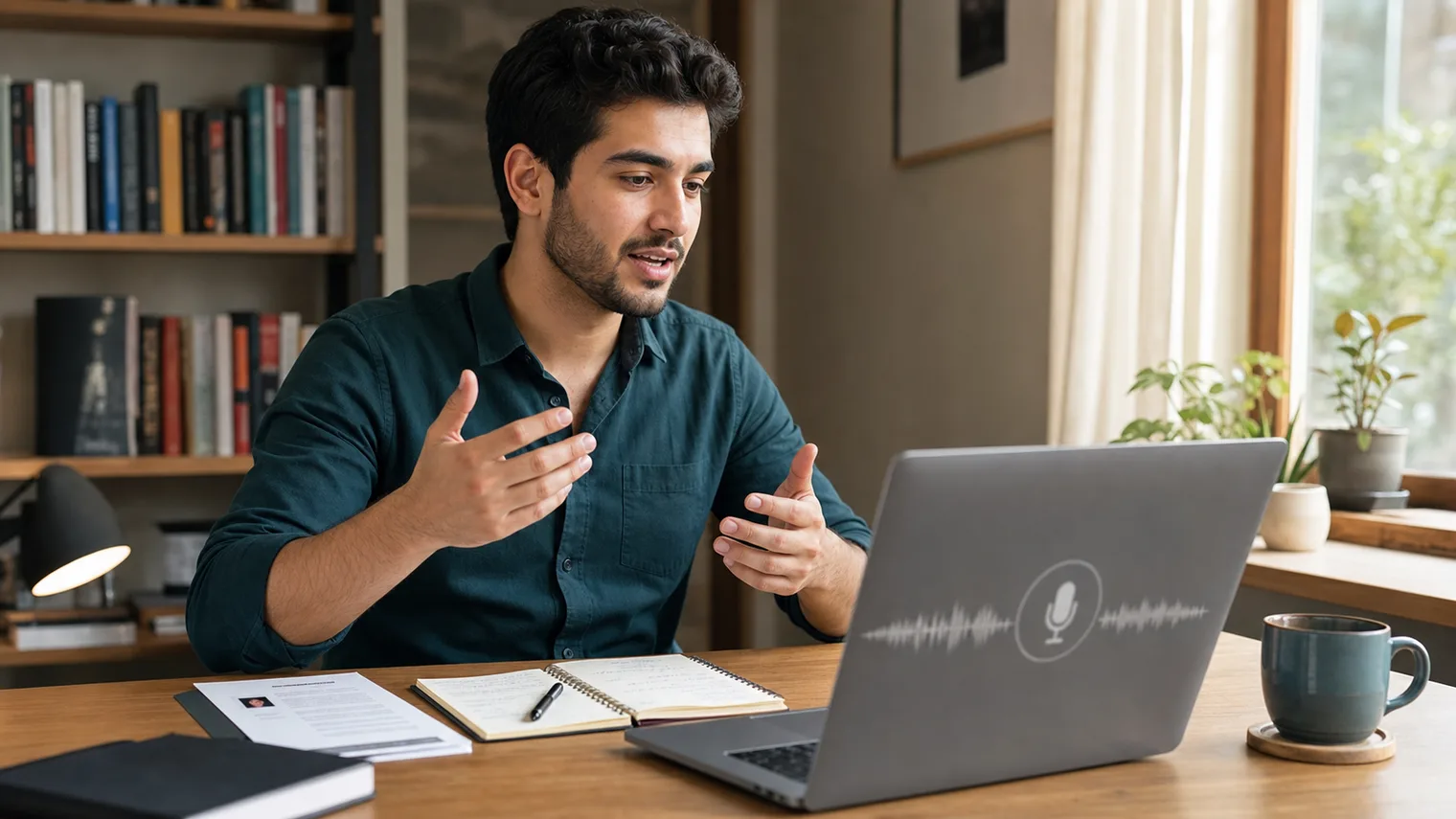 Candidate practicing a strengths and improvement answer out loud with a laptop and notes