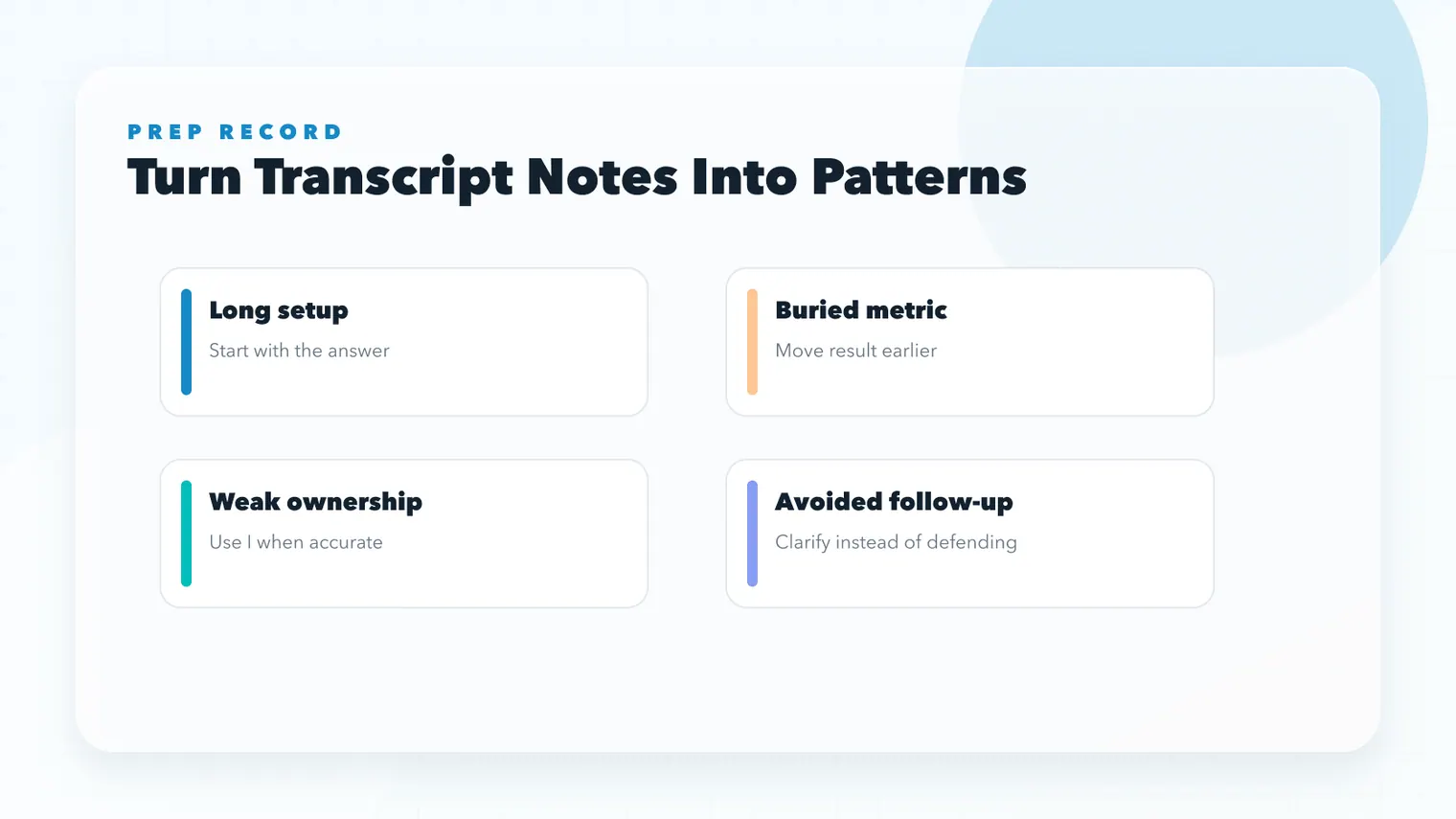 Interview transcript pattern board showing long setup buried metric weak ownership and follow-up avoidance fixes