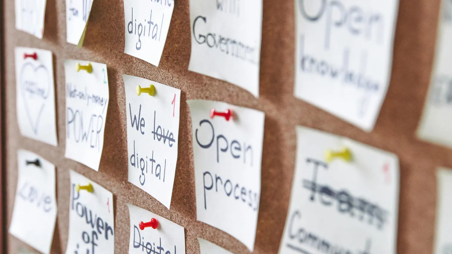 Pinned notes on a planning board used to group job description signals into interview story categories