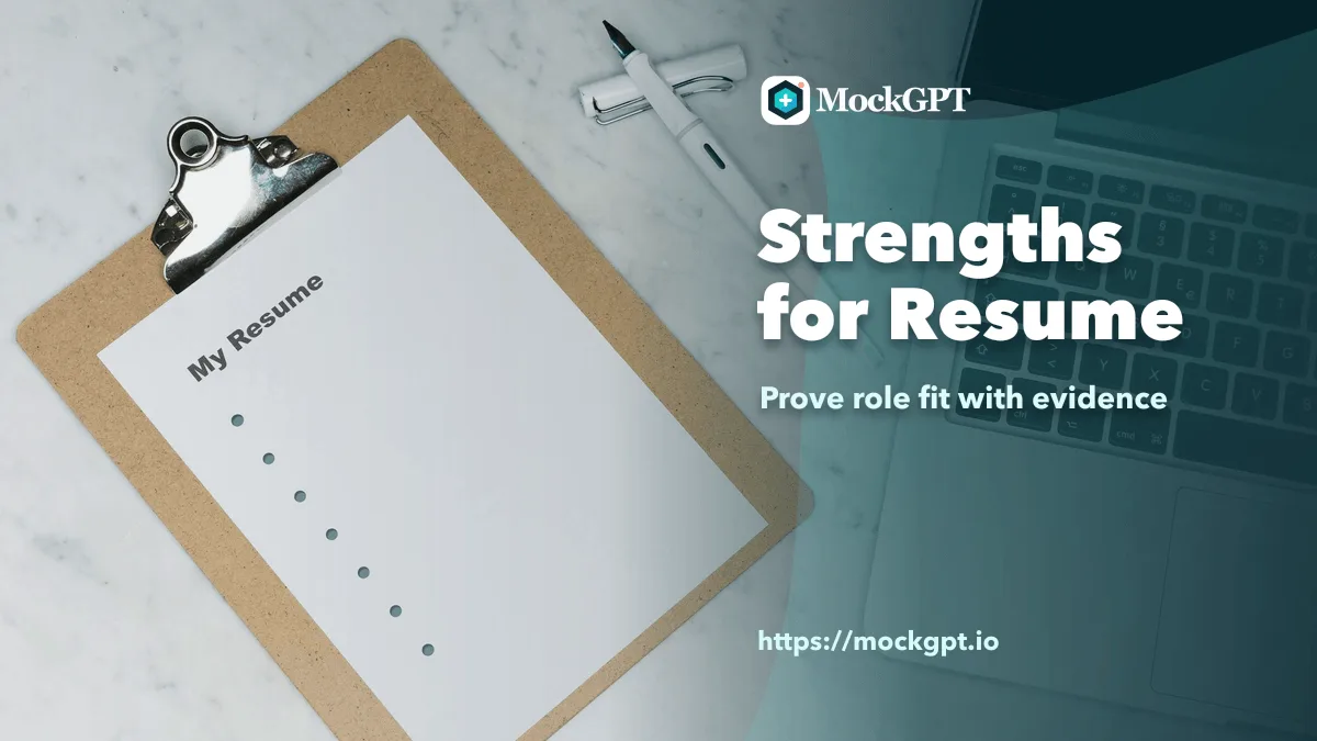 MockGPT cover for strengths for resume examples with a resume clipboard and keyword-focused cover text