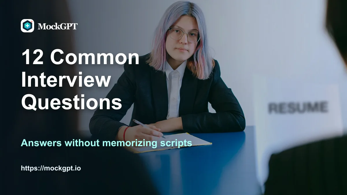MockGPT cover for 12 common interview questions with a candidate taking notes in an interview setting