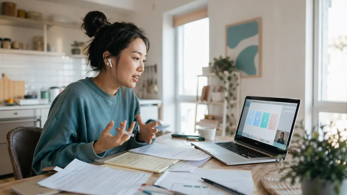 Career switcher practicing common interview prompts before a video interview