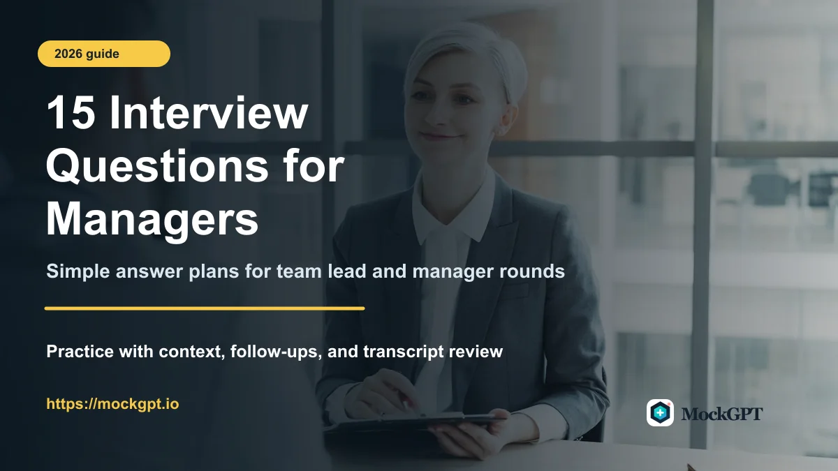 Interview questions for managers cover with a candidate in a manager interview and MockGPT title text