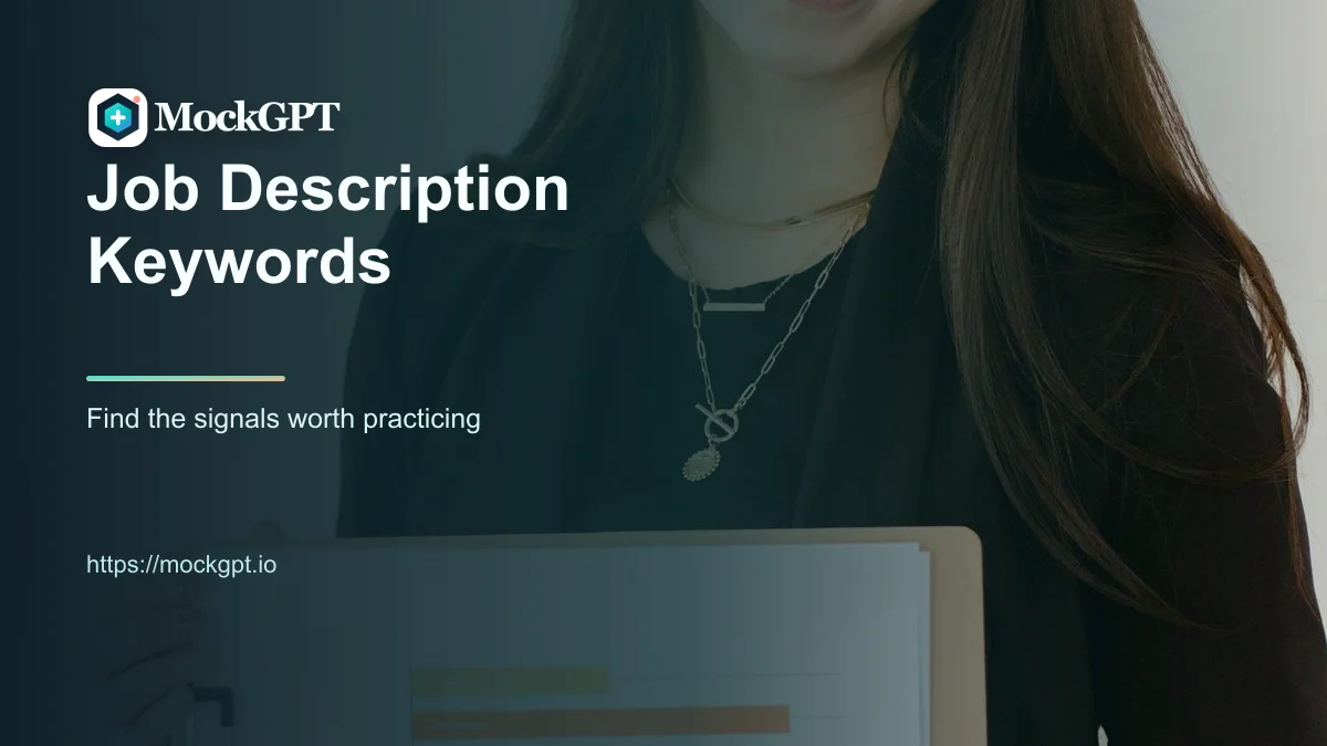 MockGPT cover for job description keywords with a candidate holding a chart and keyword-focused cover text