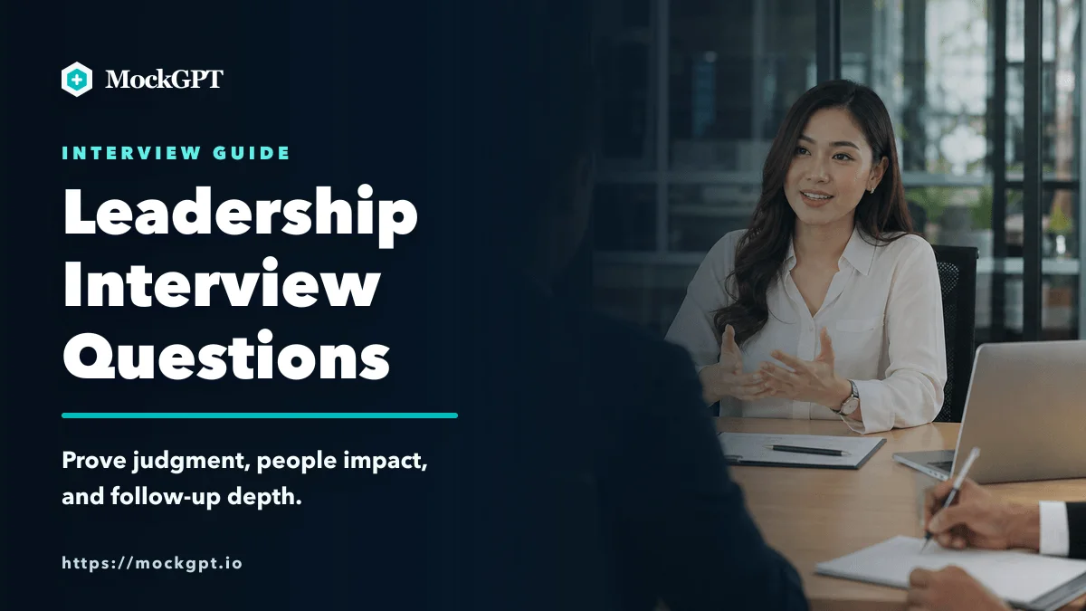 MockGPT cover for leadership interview questions with a new interview scene concentrated on the right and title text on a dark left gradient