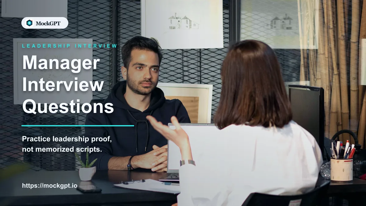 MockGPT cover for interview questions for managers with a candidate in a realistic manager interview scene