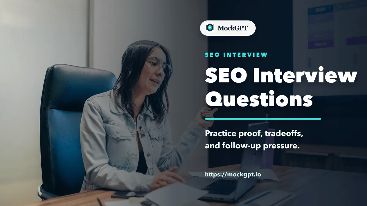 MockGPT cover for SEO interview questions with a search analytics presentation scene and title text