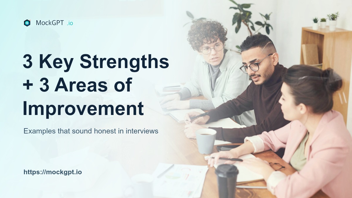 MockGPT cover for 3 key strengths and 3 areas of improvement with an interview preparation team scene and topic text