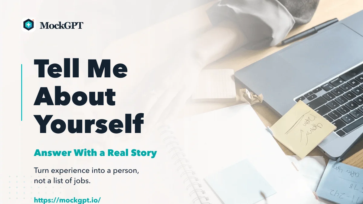 MockGPT cover for how to answer tell me about yourself with a candidate interview scene and title text