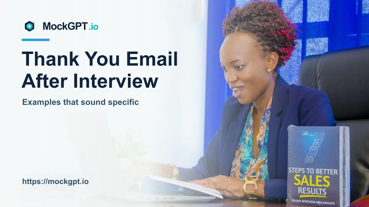 MockGPT cover for thank you email after interview examples with a professional laptop writing scene and topic text