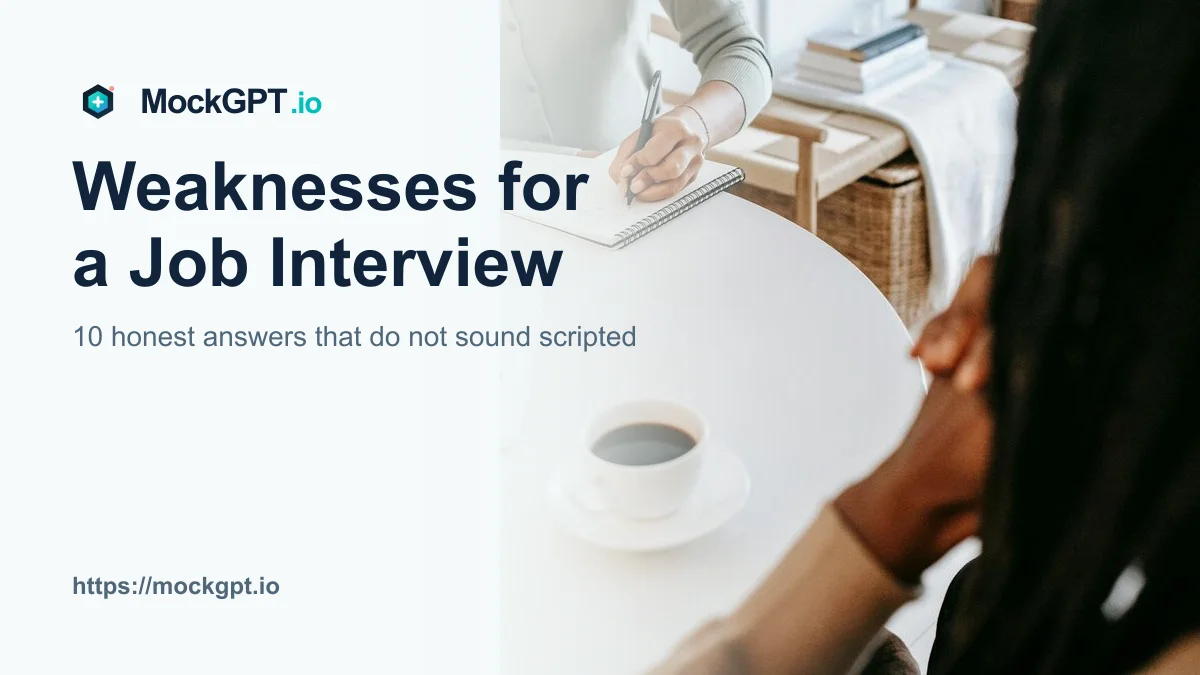 MockGPT cover for weaknesses for job interview with a candidate notes scene and answer-focused title text